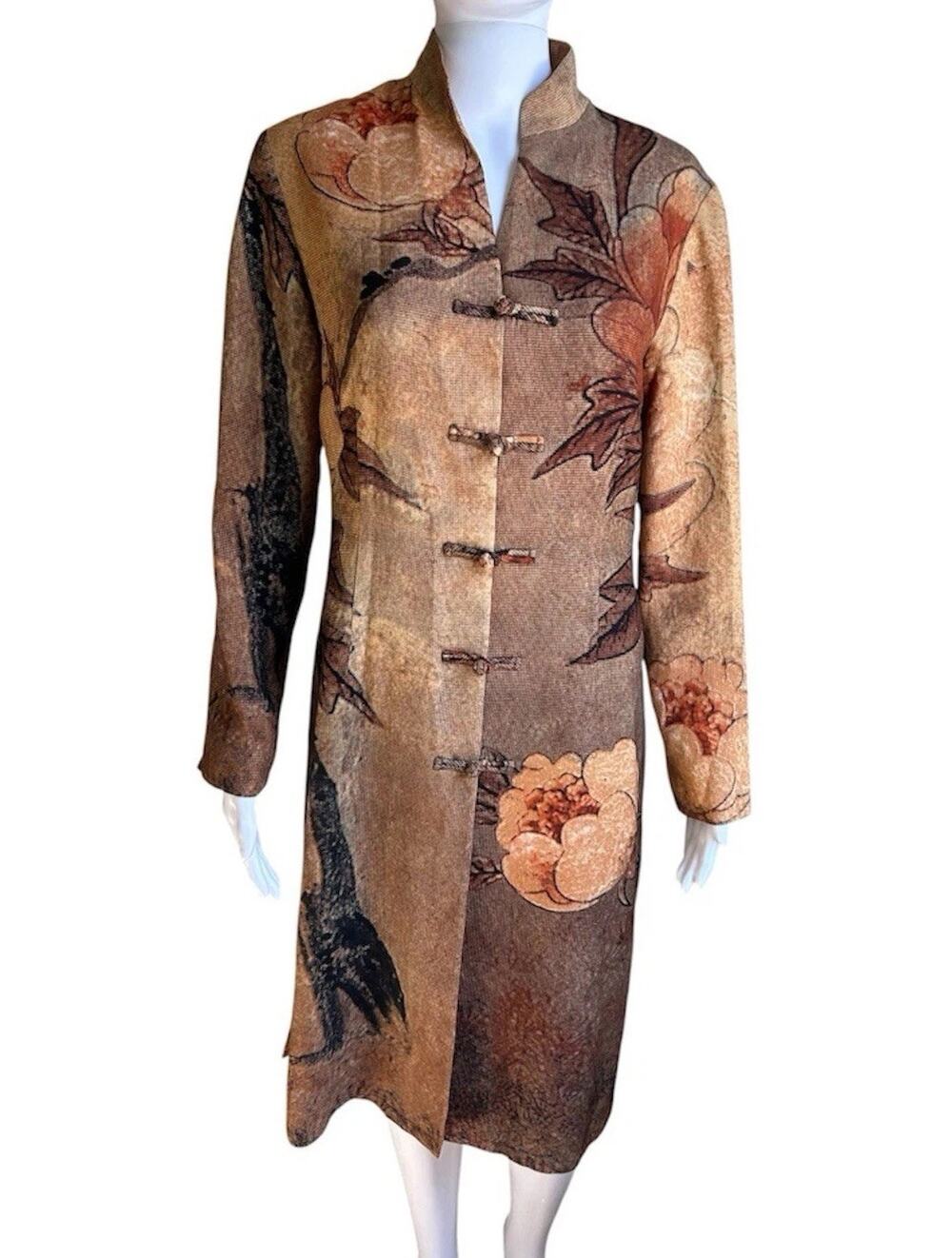 Harari 100% Silk Floral Frog Closure Long Duster Jacket Art Wear Asian S